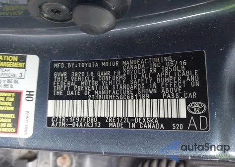 2016 Toyota Corolla S Plus from USA, damaged, VIN 2T1BURHE5GC681189